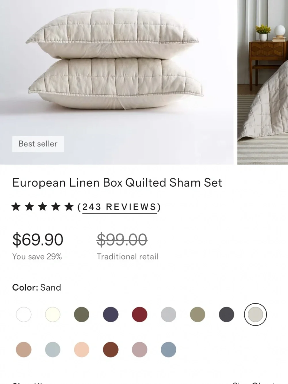 Quince European linen box quilt King size sham set